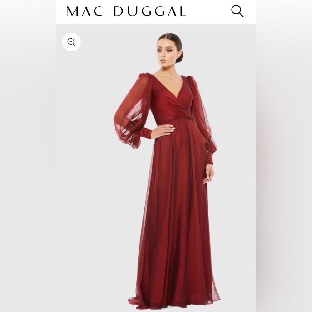 Mac Duggal Garnet Red A-Line Chiffon Gown with Sheer Blouson Sleeves NWT